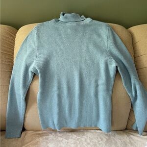 Classic Metallic Light Blue Ribbed Turtleneck Sweater